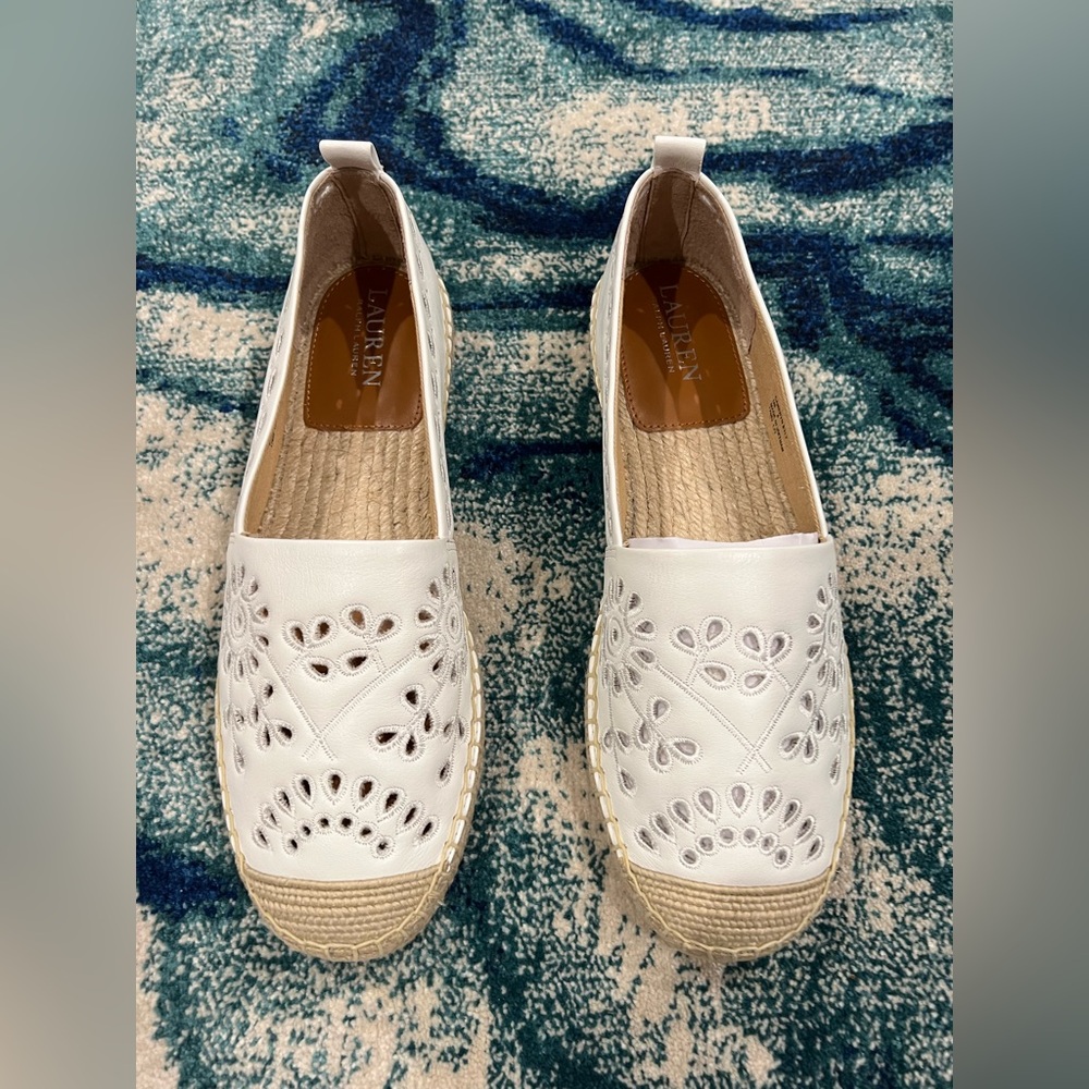 NEW Ralph Lauren White Espadrilles with Cutout Design Eyelet Leather size 8